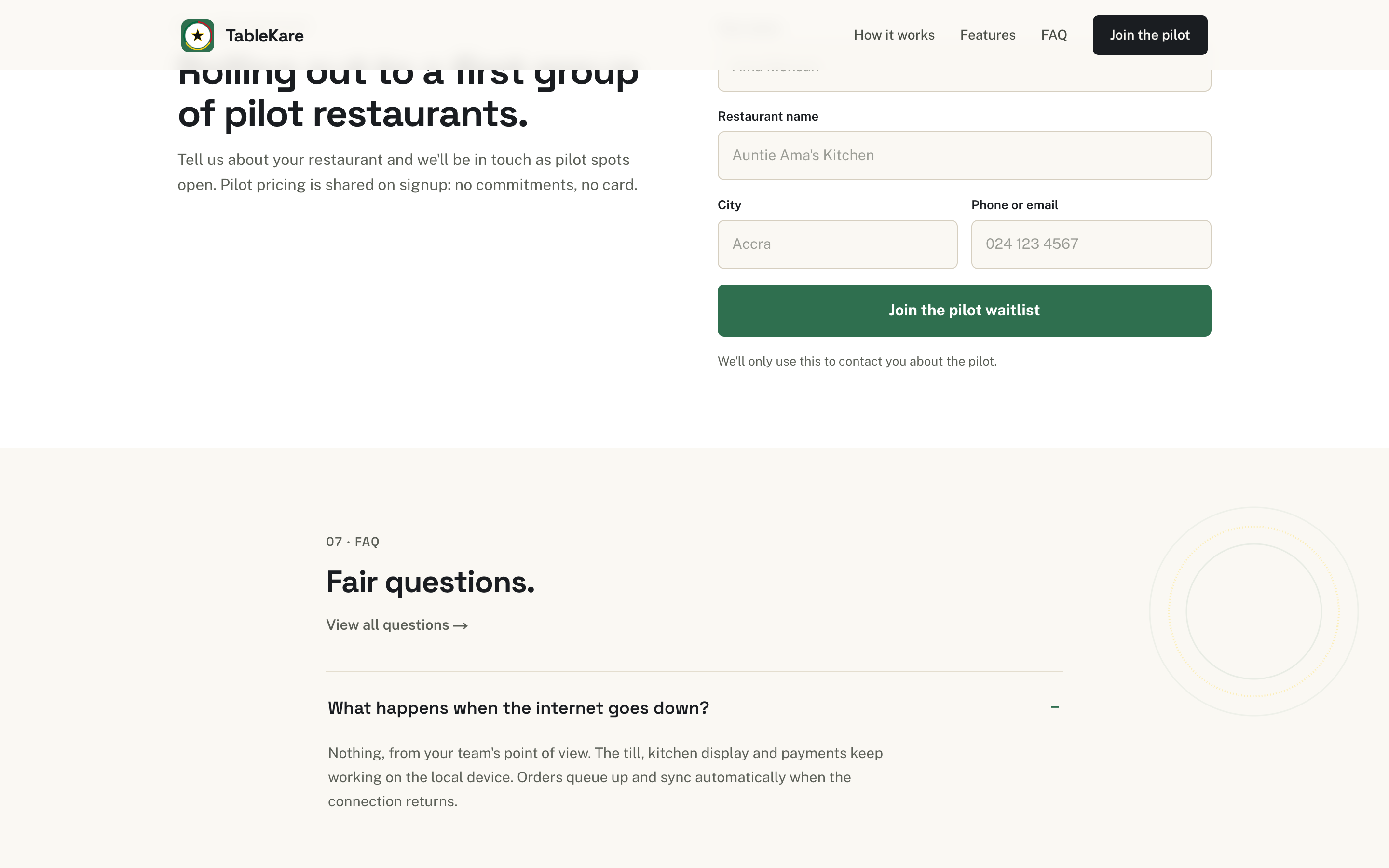 TableKare pilot waitlist form